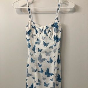 Princess Polly white and blue minidress with butterfly print, size 2